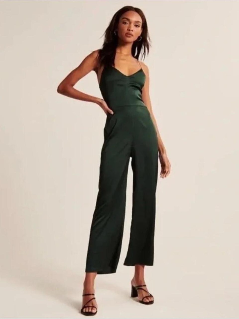 Abercrombie & Fitch Satin V-Neck Wide-Leg Jumpsuit - Dark Green